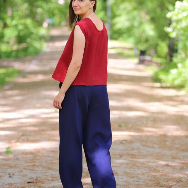 damskie spodnie z muślinu z kieszeniami i szerokimi nogawkami